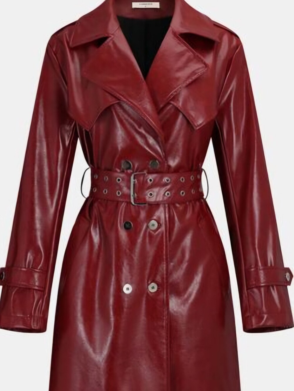 COMMENSE Red Faux Leather Trench Coat with Belt